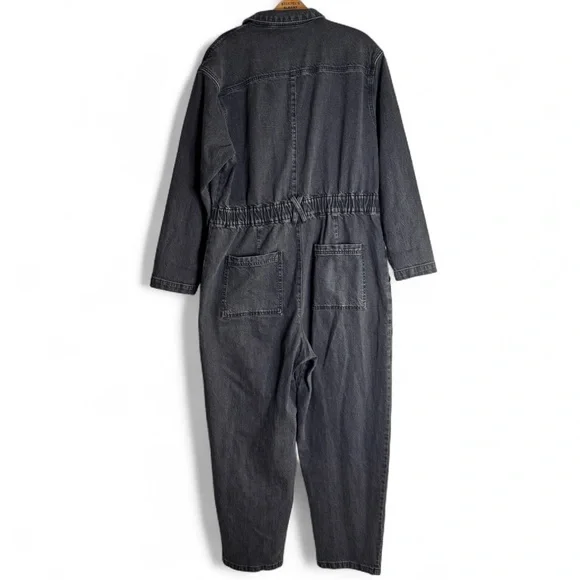 Universal Thread Denim Jumpsuit Sz 16 Black Barrel Leg Zip Up Long Sleeve - Picture 2 of 16